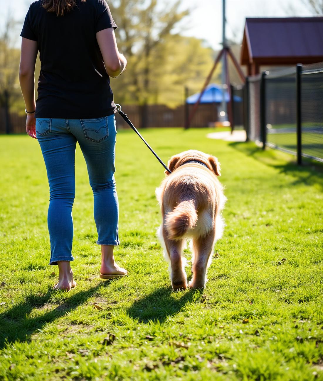 Cuidadora caminando con un perro en el área verde de la guardería