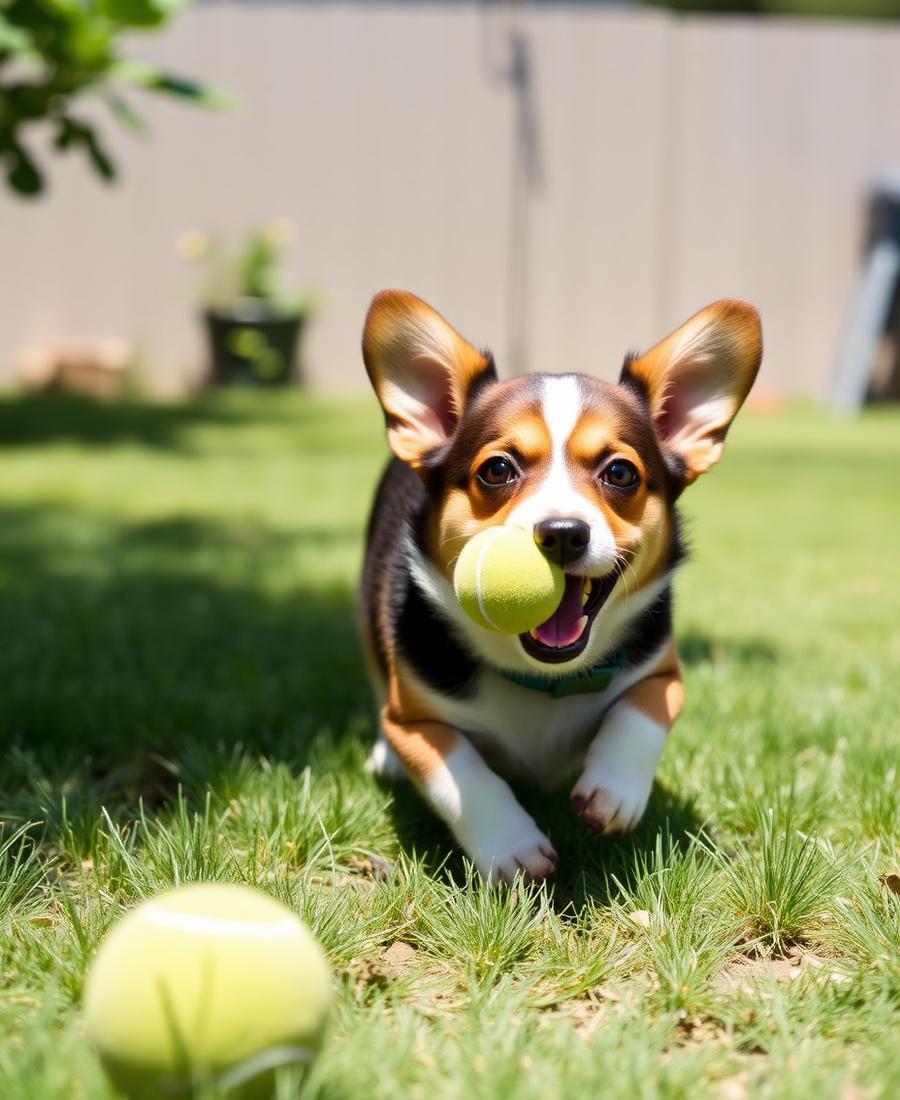 Perro pequeño corriendo con una pelota en el césped