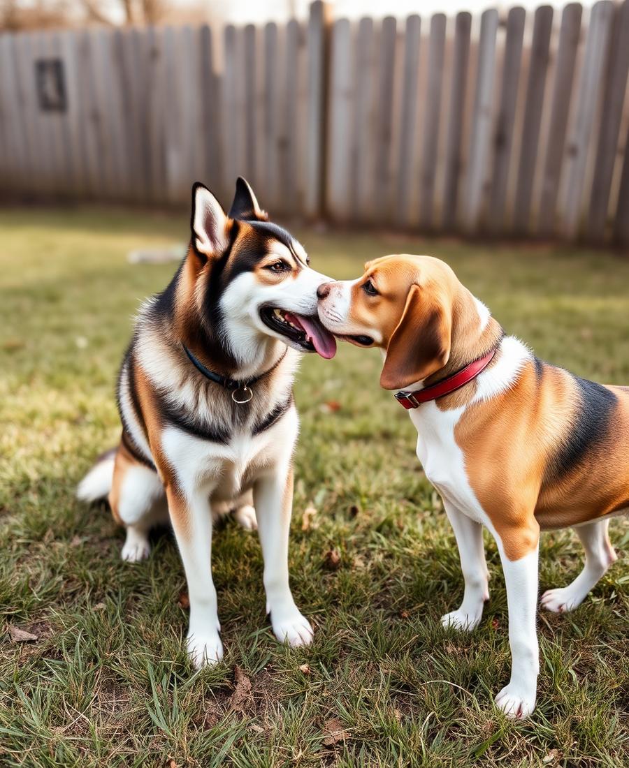 Dos perros saludándose en el patio