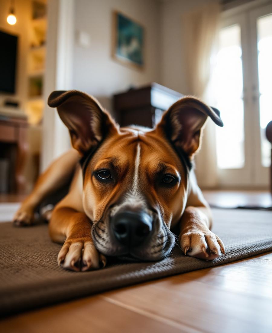Perro descansando en el interior después de jugar