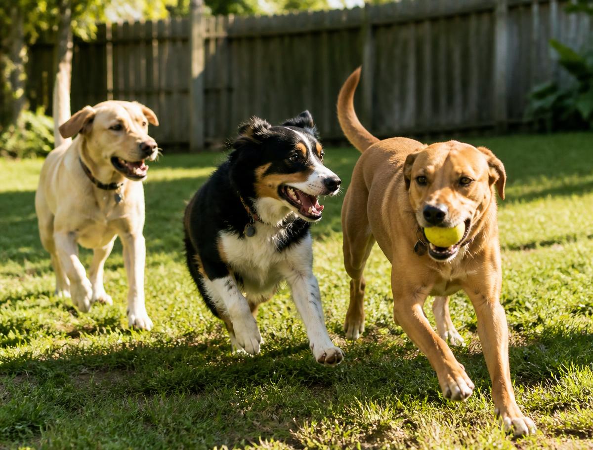Tres perros corriendo juntos sobre el césped en el área de juego