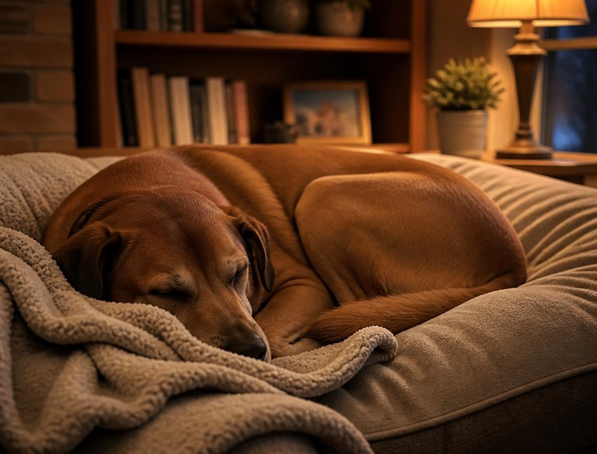 Perro descansando acurrucado en una cama suave con luz cálida